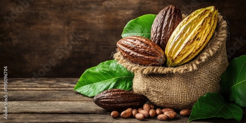 Cocoa pods and beans in a jute sack with green leaves on a wooden surface illuminated by warm tones showcasing natural textures and colors