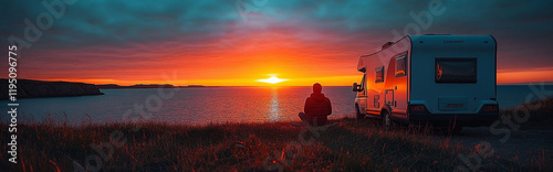 Panorama of a camper van, caravan, motorhome, standing at sunset against the backdrop of beautiful nature and water.