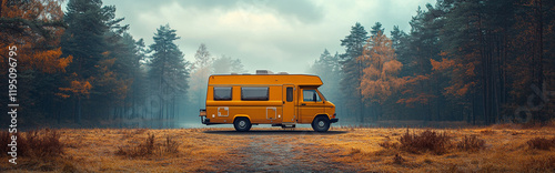 Panorama of a camper van, caravan, motorhome, standing at sunset against the backdrop of beautiful nature and water.