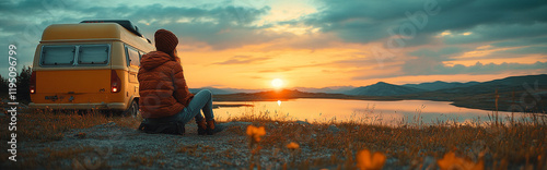 Panorama of a camper van, caravan, motorhome, standing at sunset against the backdrop of beautiful nature and water.