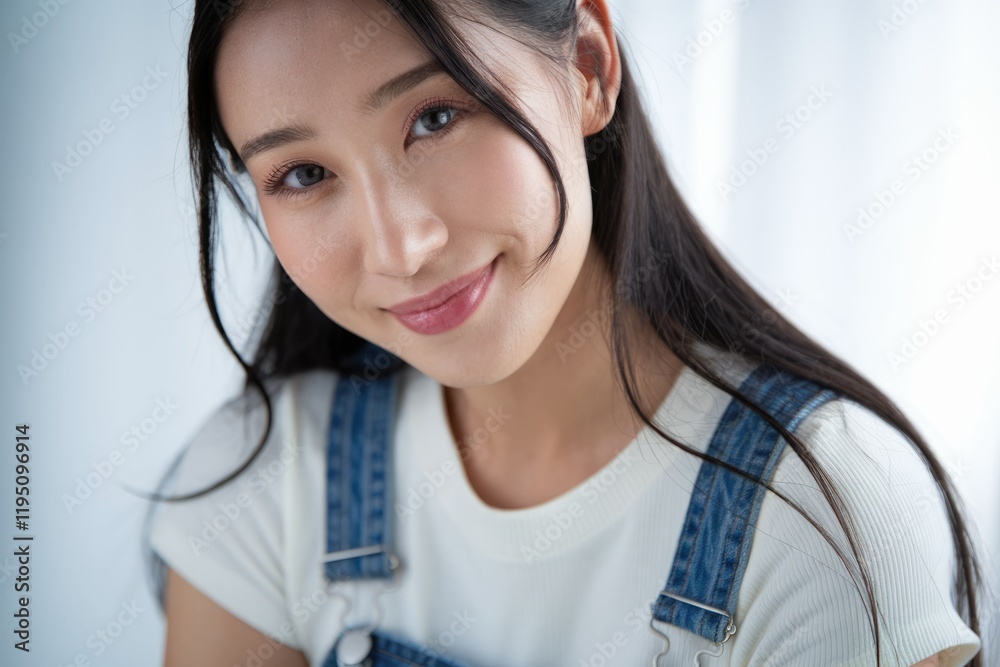 A young woman with long black hair smiles gently, wearing a white shirt and denim overalls. A young woman with long black hair smiles gently, wearing a white shirt and denim overalls.