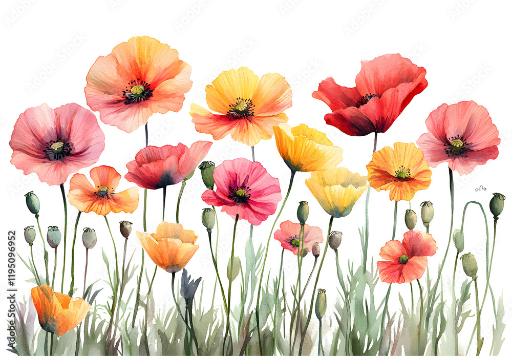 Naklejka premium Watercolor Poppies Isolated on White Background