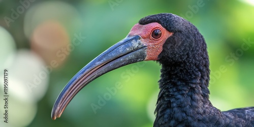 Close up of a Red naped Ibis with glossy black feathers and vibrant red facial features against a blurred green natural background photo