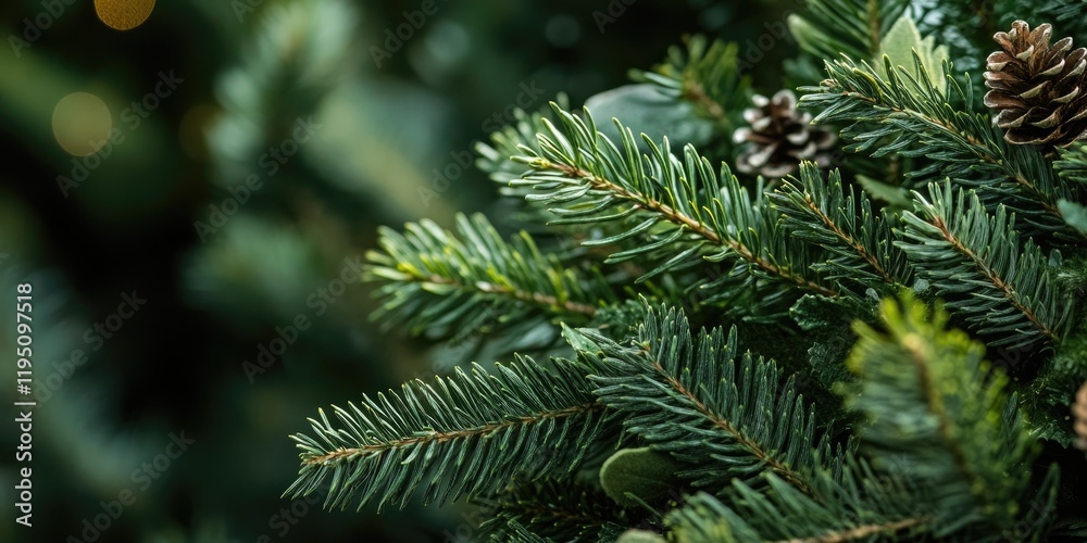 Close up of lush evergreen foliage with pinecones partially covered by soft green branches against a dark blurred background with lights Close up of lush evergreen foliage with pinecones partially covered by soft green branches against a dark blurred background with lights