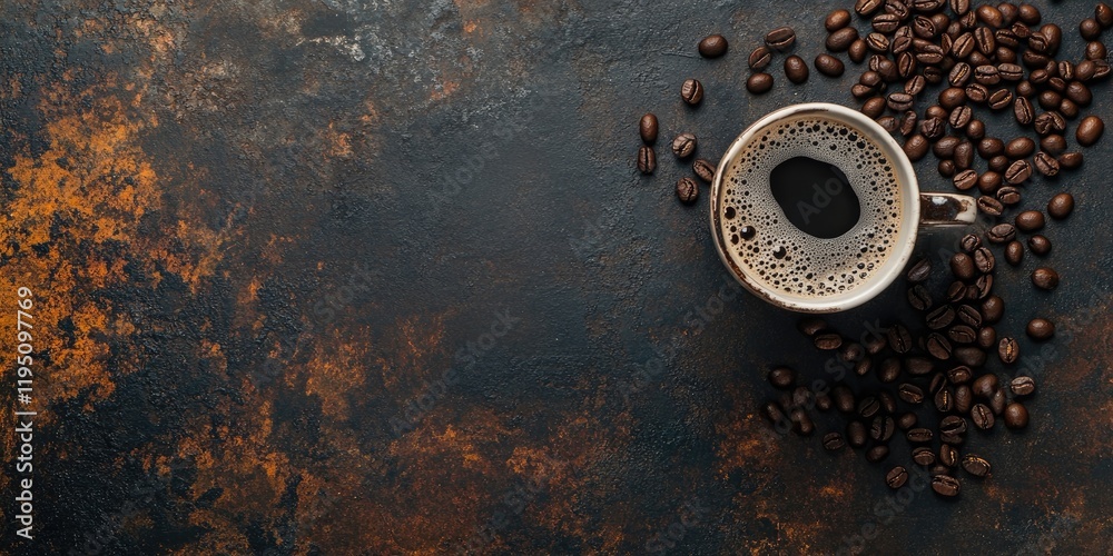 Coffee cup with dark coffee and scattered coffee beans on a textured dark surface featuring rich browns and deep blacks with ample copy space Coffee cup with dark coffee and scattered coffee beans on a textured dark surface featuring rich browns and deep blacks with ample copy space