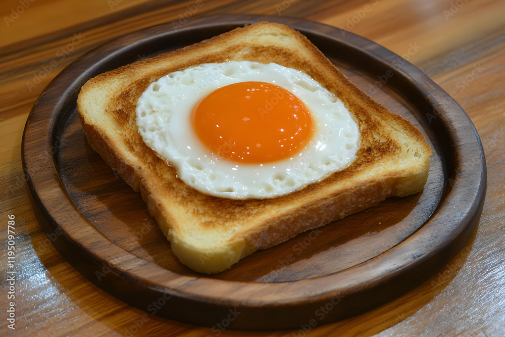 Delicious fried egg sunny-side up perfectly cooked on a piece of toasted bread, served on a rustic wooden plate. Delicious fried egg sunny-side up perfectly cooked on a piece of toasted bread, served on a rustic wooden plate.