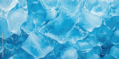 Textured blue ice cubes scattered closely together with varying transparency and edges creating a cool, refreshing background in shades of blue.