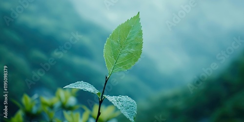 Closeup of a vibrant green leaf prominently positioned in the center against a soft blurred green mountainous backdrop with blue tones. photo