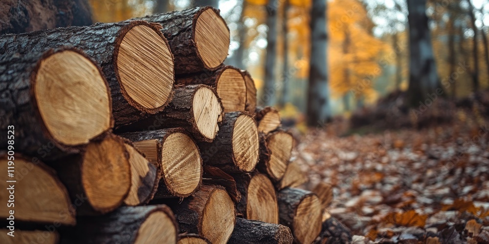 Chopped wooden logs stacked in focus with textured bark against a blurred autumn forest backdrop featuring warm orange and yellow leaves Chopped wooden logs stacked in focus with textured bark against a blurred autumn forest backdrop featuring warm orange and yellow leaves