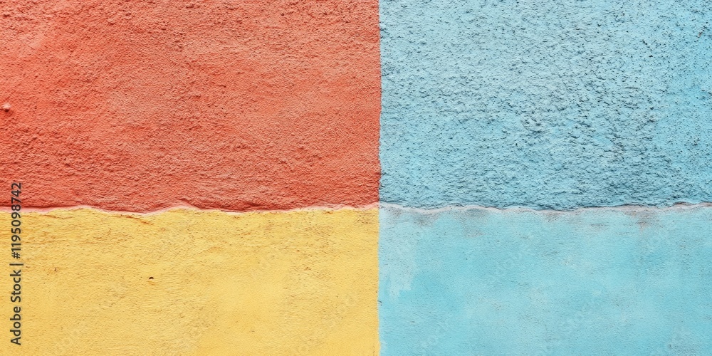 Fototapeta premium Multicolored textured stucco wall featuring vibrant red, yellow, and blue hues with horizontal division ideal for text overlay and creative designs