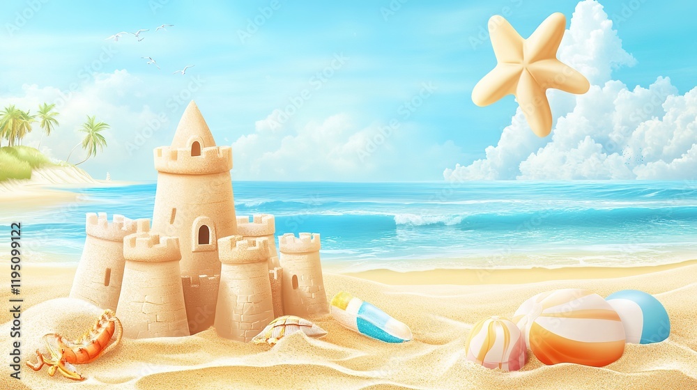 Sand Castle on the Ocean Beach - Summer Kids' Holidays by the Sea Coast. Concept for Summer Vacation Postcard, Banner, Poster, and Advertisement with Copy Space. Sand Castle on the Ocean Beach - Summer Kids' Holidays by the Sea Coast. Concept for Summer Vacation Postcard, Banner, Poster, and Advertisement with Copy Space.