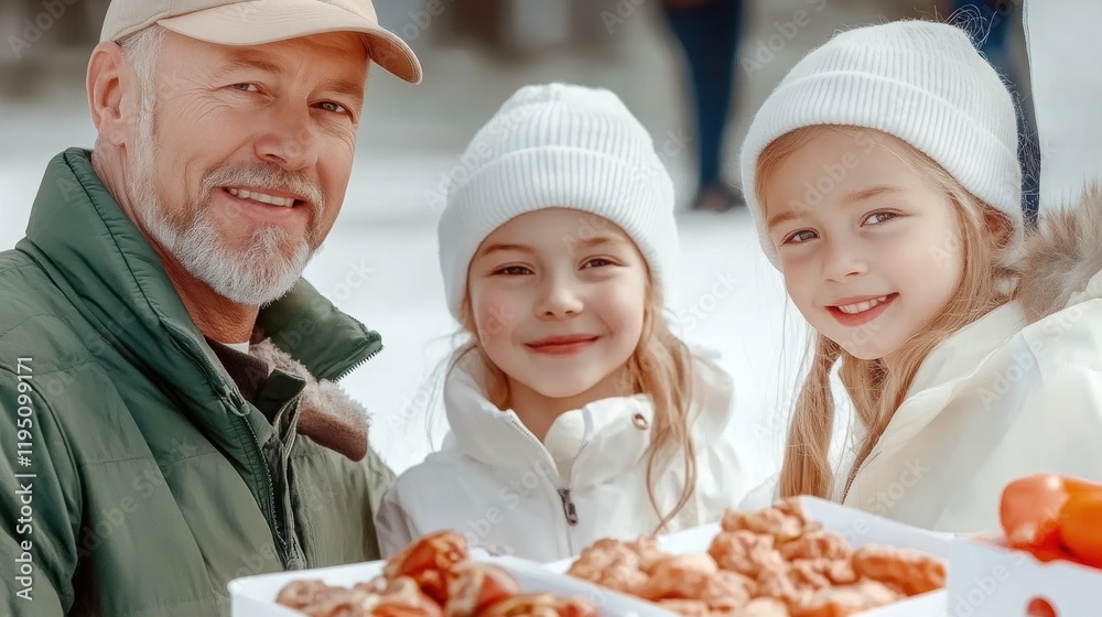 A heartwarming winter family gathering features a cheerful dad teaching his kids about grilling, even though it's snowy outside the scene evokes a sense of family bonding and shared joy, reminiscent A heartwarming winter family gathering features a cheerful dad teaching his kids about grilling, even though it's snowy outside the scene evokes a sense of family bonding and shared joy, reminiscent