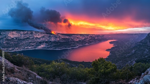 A serene scene of the Gorges du Verdon, with the river flowing gently through the canyon and the cliffs casting reflections on the water.