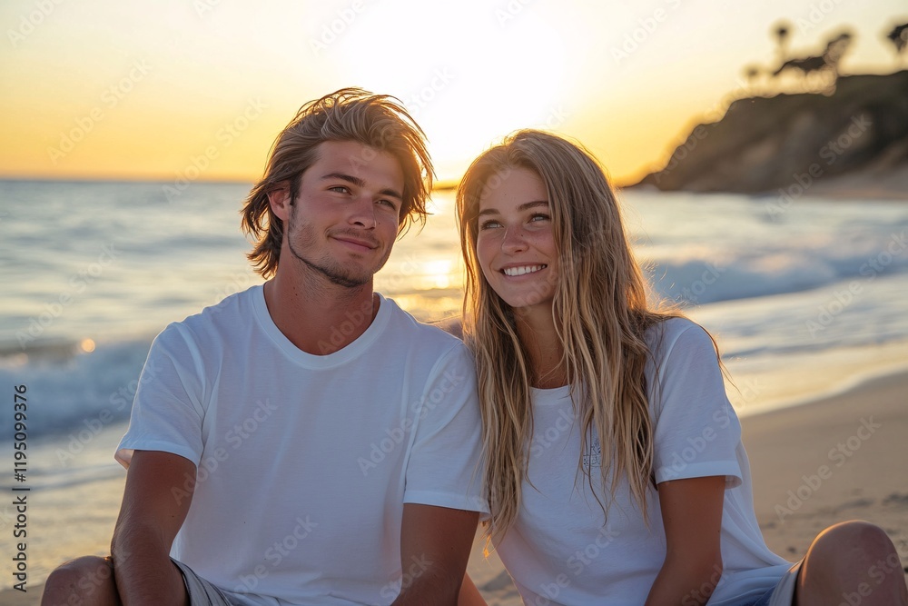 A young couple in love, wearing white crew-neck t-shirts with no wrinkles, sitting on a beach at sunset, watching the waves together, serene and relaxed 4 A young couple in love, wearing white crew-neck t-shirts with no wrinkles, sitting on a beach at sunset, watching the waves together, serene and relaxed 4