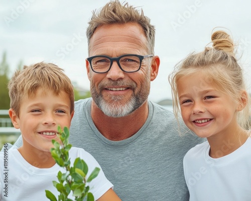 A Proud Father Presenting a Family Tree to His Children Their Faces Lit with Fascination and Admiration, A Heartwarming Scene of Heritage, Ancestry, and Family Bonding Discover Your Roots Genealogy