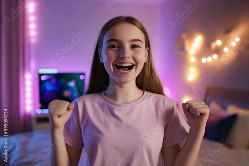 A teenage girl, above average weight, dressed in a lilac t-shirt, stands in a modern bedroom with soft natural light Her expression is happy and excited about gaming 3 photo