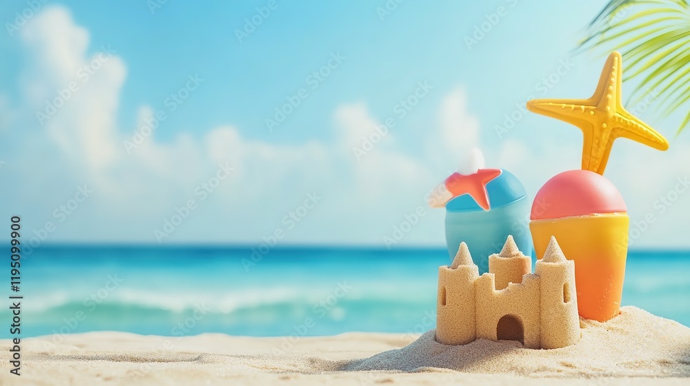 Sand Castle on the Ocean Beach - Summer Kids' Holidays by the Sea Coast. Concept for Summer Vacation Postcard, Banner, Poster, and Advertisement with Copy Space. Sand Castle on the Ocean Beach - Summer Kids' Holidays by the Sea Coast. Concept for Summer Vacation Postcard, Banner, Poster, and Advertisement with Copy Space.