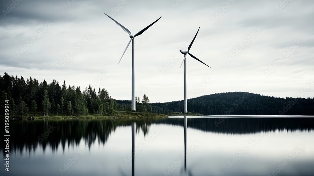 Elegant Wind turbines reflected in a calm lake surrounded by lush forests on a bright summer day rare wind turbines mirrored beauty Elegant Wind turbines reflected in a calm lake surrounded by lush forests on a bright summer day rare wind turbines mirrored beauty