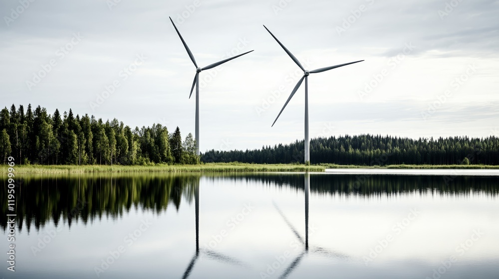Elegant Wind turbines reflected in a calm lake surrounded by lush forests on a bright summer day rare wind turbines mirrored beauty Elegant Wind turbines reflected in a calm lake surrounded by lush forests on a bright summer day rare wind turbines mirrored beauty
