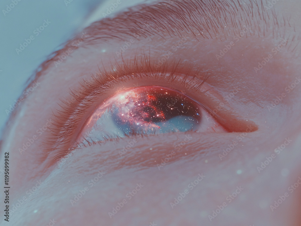 Fototapeta premium an eye with a galaxy reflection in the iris, set against a blurred background.