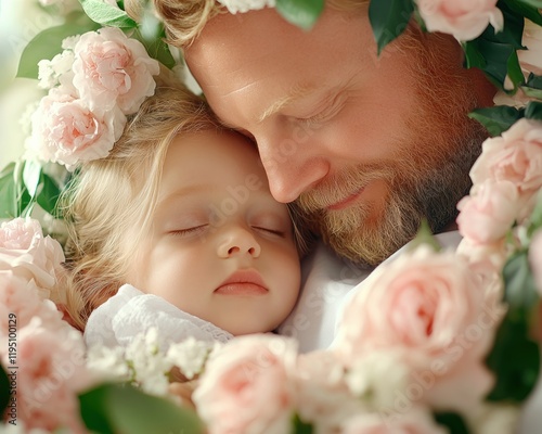 A tender, peaceful embrace A quiet and loving moment of a father and child sharing a serene cuddle, surrounded by a profusion of blooming pink roses, capturing the essence of paternal love and