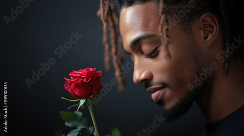 Male smiling at a red rose a romantic scene for valentine's day realistic photo black background celebrating love passion and heartfelt moments in an invitation for weddings and anniversaries