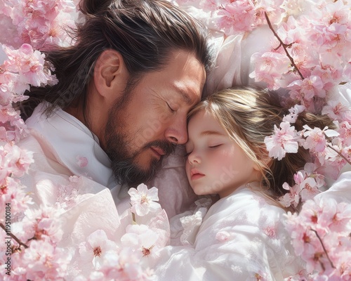A tender, peaceful embrace A quiet and loving moment of a father and child sharing a serene sleep amidst a breathtaking display of blooming cherry blossoms, capturing the essence of paternal love and