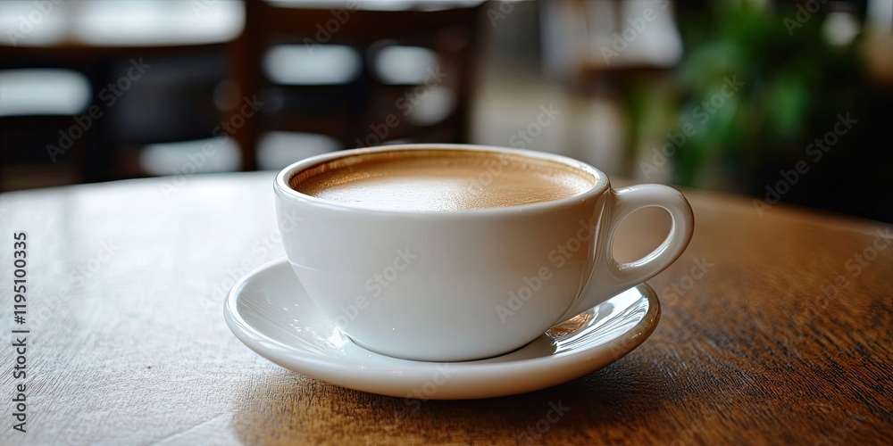 White coffee cup with latte art on a wooden table, soft natural light highlighting the warm brown coffee and nearby greenery in the background. White coffee cup with latte art on a wooden table, soft natural light highlighting the warm brown coffee and nearby greenery in the background.