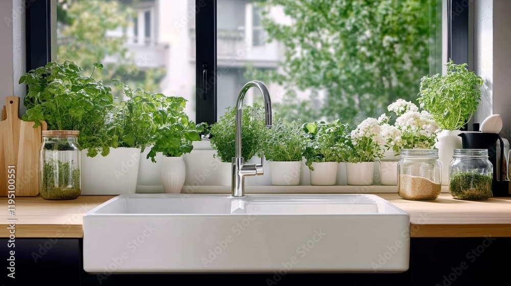 Family style kitchen with a large farmhouse sink jars of fresh herbs and a window framing a blooming garden rare kitchen in spring homely atmosphere Family style kitchen with a large farmhouse sink jars of fresh herbs and a window framing a blooming garden rare kitchen in spring homely atmosphere