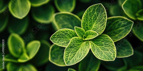 Closeup view of vibrant green plant leaves with textured veins positioned centrally on a dark green background showcasing a natural aesthetic. photo