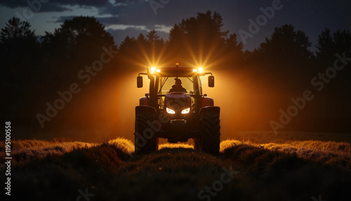Farmer silhouetted by tractor lights in evening farmland, rural determination