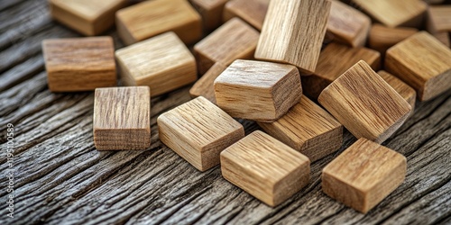 Wallpaper Mural Disassembled wooden block game pieces scattered on a textured wooden table with warm earthy tones creating a rustic and inviting atmosphere Torontodigital.ca