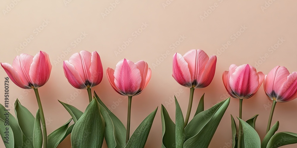 Pink tulip flowers arranged in a row against a soft beige background with green leaves creating a tranquil botanical composition with ample space. Pink tulip flowers arranged in a row against a soft beige background with green leaves creating a tranquil botanical composition with ample space.