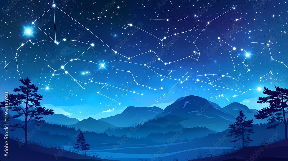 Fototapeta premium Vivid representation of a starry night sky with constellation lines, nebulae, and deep blue hues creating a mesmerizing cosmic scene. Starbright. Illustration