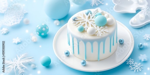 Elegant winter-themed cake decorated with white and blue frosting, snowflakes, and festive spheres, set against a light blue background with snowflake accents and holiday decor. photo