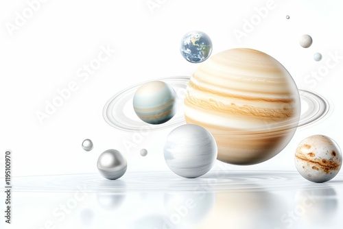 Stylized representation of the solar system featuring detailed planets with a minimalist design, highlighting Saturn's rings, Earth, and other celestial bodies on a white reflective surface. photo