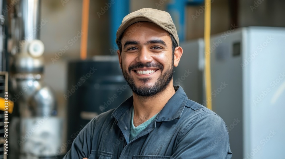 Smiling Technician in Work Uniform with Equipment Smiling Technician in Work Uniform with Equipment