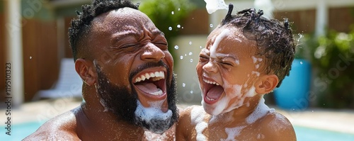 Joyful Father and Child Water Balloon Fight in the Garden A Summer Day Filled with Laughter, Fun, and Precious Family Memories Capture the essence of playful bonding with this heartwarming image of a photo