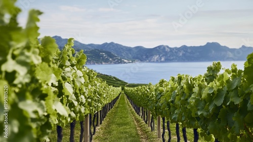 Vineyards in Greece coming to life in spring with rows of grapevines framed by rolling green hills and a distant blue sea rare spring in Greece vineyard revival 