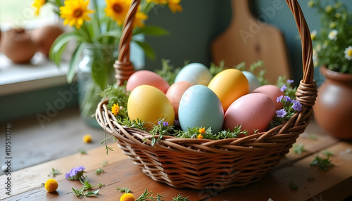 Photorealistic image of a basket of naturally colored Easter eggs with herbs and flowers