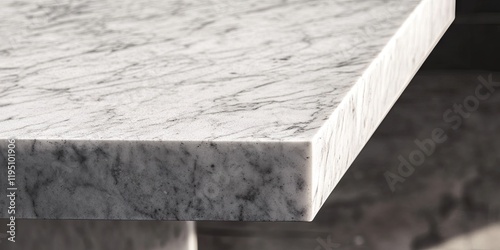 Closeup view of a sleek white marble kitchen countertop with subtle grey veining focusing on a polished mitred corner enhancing modern design
