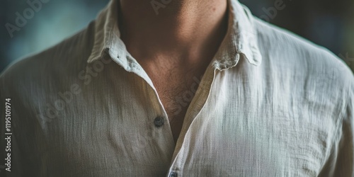 Closeup of a beige linen shirt collar on a male figure with soft focus background highlighting texture and natural light ambiance. photo