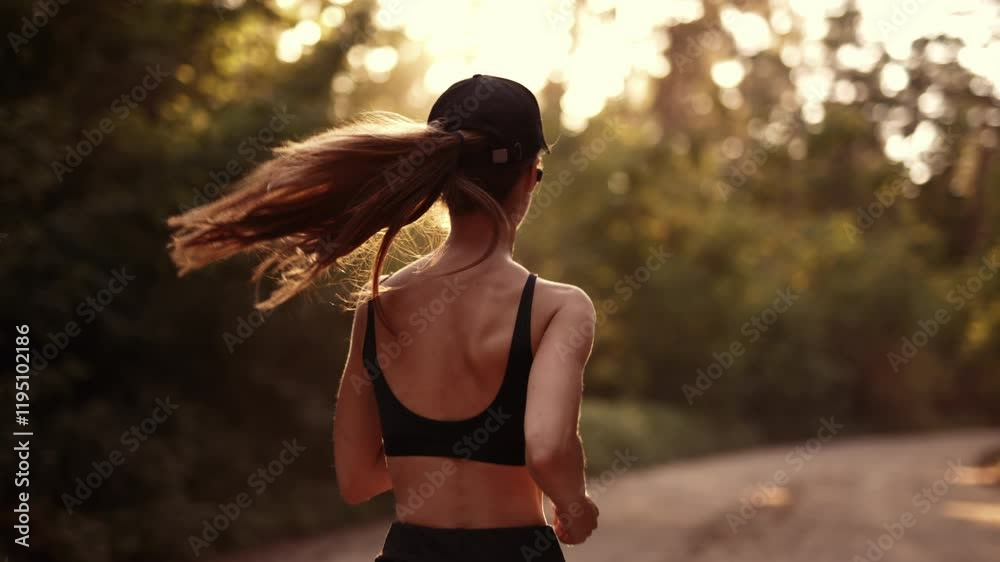 A young sporty woman runner is listening to music in earphones and training workout. Slim fitness girl is jogging outdoor. Concept of workouts running and healthy sport lifestyle
