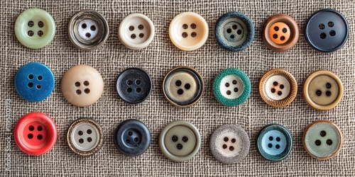 Variety of colorful sewing buttons arranged in four rows on a textured beige fabric background with ample copy space in the center