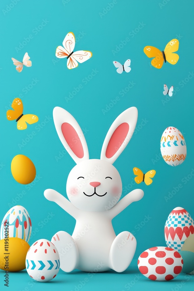 Cute bunny painting patterns on eggs with butterflies flying around Cute bunny painting patterns on eggs with butterflies flying around
