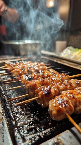 Juicy pieces of chicken are expertly skewered and grilled to perfection, releasing smokey aromas in a lively Japanese kitchen setting during a busy evening photo