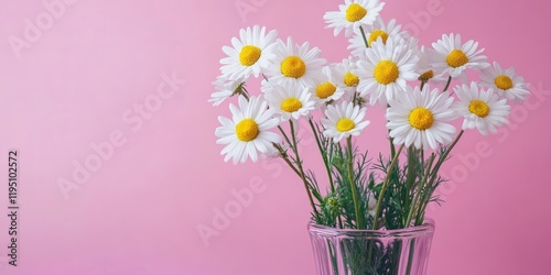 Wallpaper Mural Vase showcasing vibrant chamomile flowers with white petals and yellow centers against a soft pink background, empty space for text on the left. Torontodigital.ca