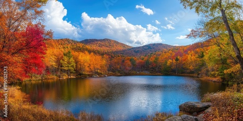 Vibrant autumn landscape with orange and red foliage reflecting in calm lake under blue sky and fluffy white clouds in serene nature setting photo