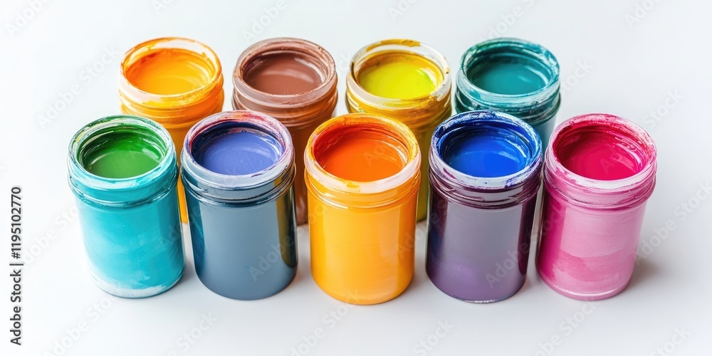 Vibrant gouache jars in a rainbow of colors arranged in two rows on a white background showcasing an array of artistic possibilities. Vibrant gouache jars in a rainbow of colors arranged in two rows on a white background showcasing an array of artistic possibilities.