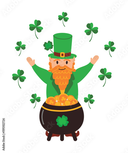 Leprechaun character with a pot of gold coins surrounded by clover. Vector for St. Patrick's Day